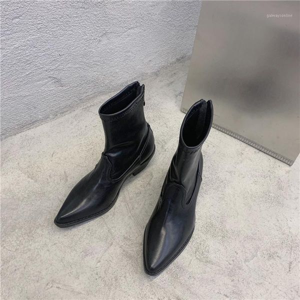 

pointy boot zipper shoes round toe boots-women luxury designer pointe ladies high heel mid calf rubber low 2020 autumn1, Black
