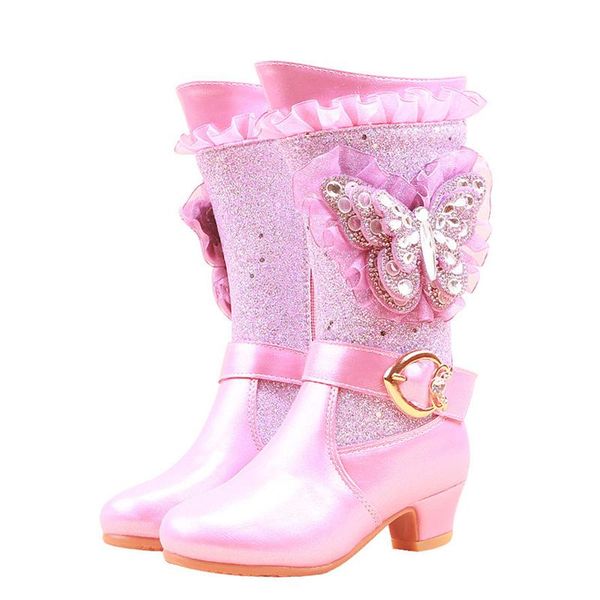 

new winter girls boots rhinestone butterfly princess high boots children snow children' party shoes, Black;grey