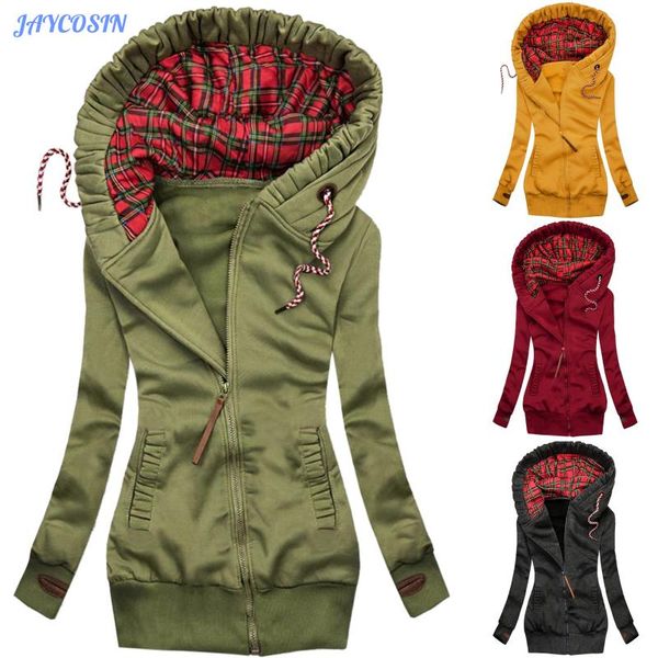 

women hoodie warm fashion plaid print clothes zipper pocket sweatshirt jacket long sleeve coat protect hips long woman parkas, Black;brown