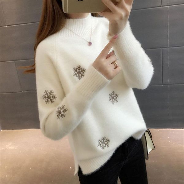 

women warm pullover sweater winter soft mohair snowflak pattern autumn casual velvet thick knitted sweater 3xl, White;black
