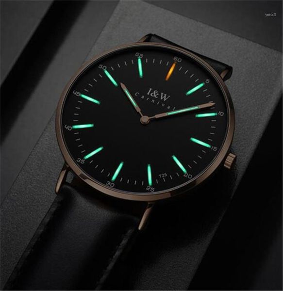 

carnival men tritium light watch t25 quartz japan movement ultra thin 6mm tritium gas luminous watch gift 40mm1, Slivery;brown