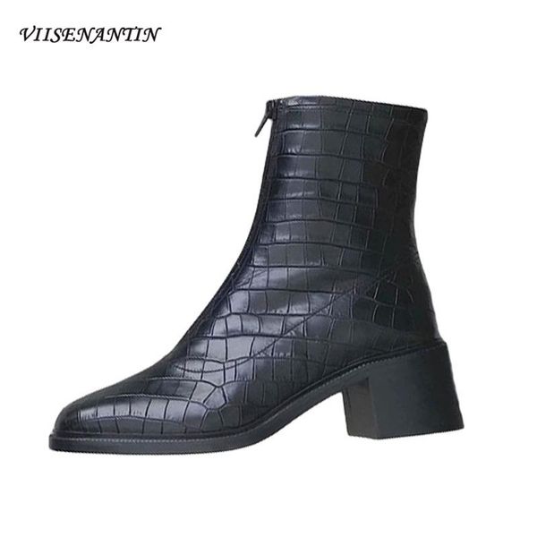 

boots british style crocodile pattern thick-heeled thick-soled front zipper ankle women square toe black short