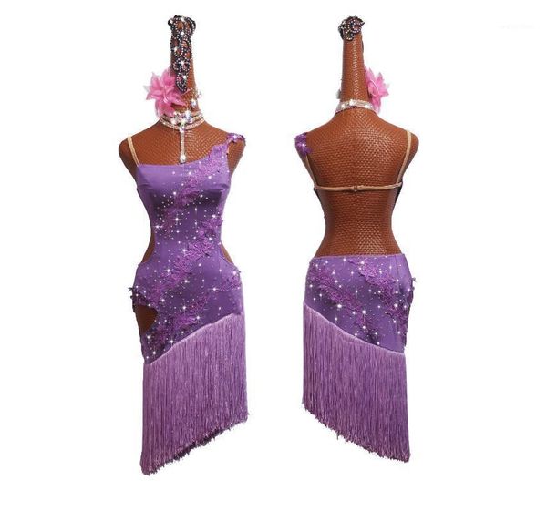 

purple tassel embroidery latin dance dress women high-end custom dance dresses competition performance clothing1, Black;red