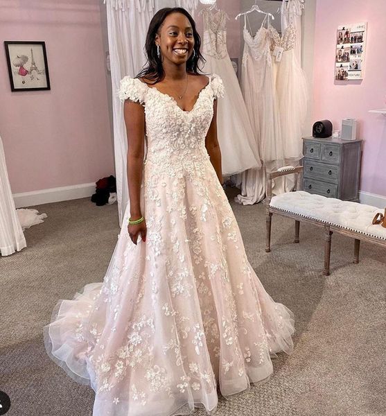 

off shoulder a line lace wedding dresses 2021 with appliques sweep train tulle plus size bridal gowns vestidos de novia, White