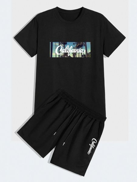 

romwe guys letter graphic tee & track shorts 03pl#, Gray