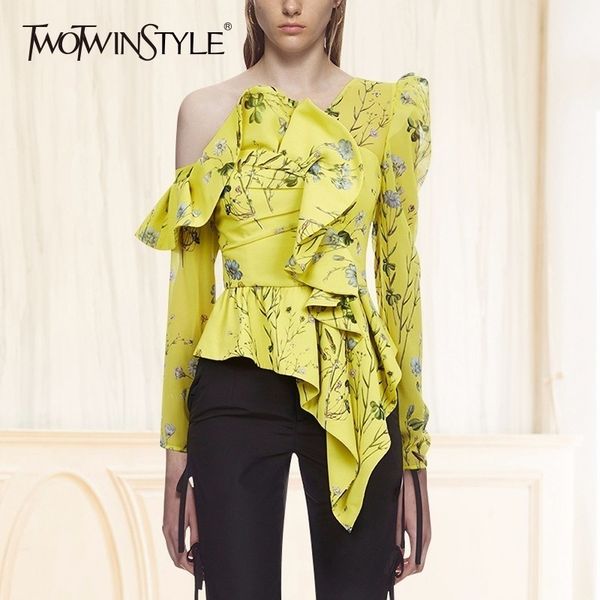 

twotwinstyle skew collar printed floral blouse shirt female long sleeve ruffle women blouses off shoulder summer y200622, White