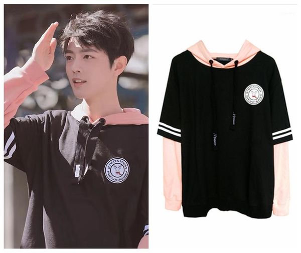 

the wei wuxian xiao zhan color matching hoodies sweatshirts women men couple thick hooded fake two pieces clothes1, Black