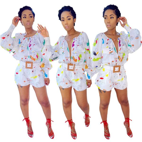 

style women casual junpsuits scoop neck long sleeve open stitch drawstring collect waist shorts printed rompers, Black;white