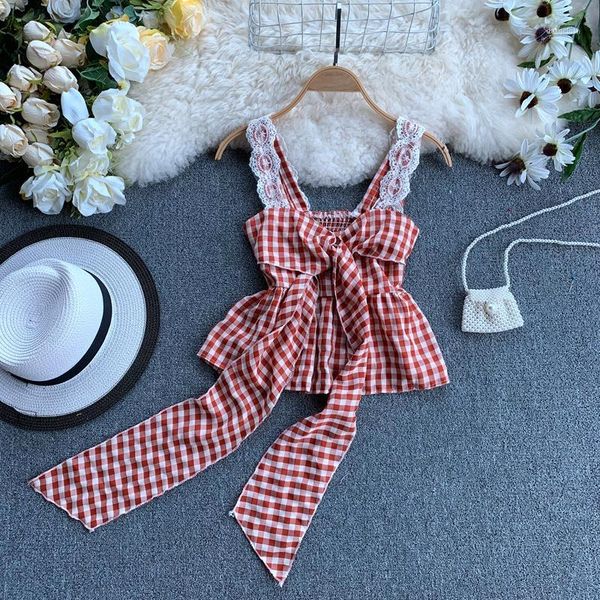 

plaid shirt female summer 2019 new lace stitching chiffon strap chest tie bow vest, White