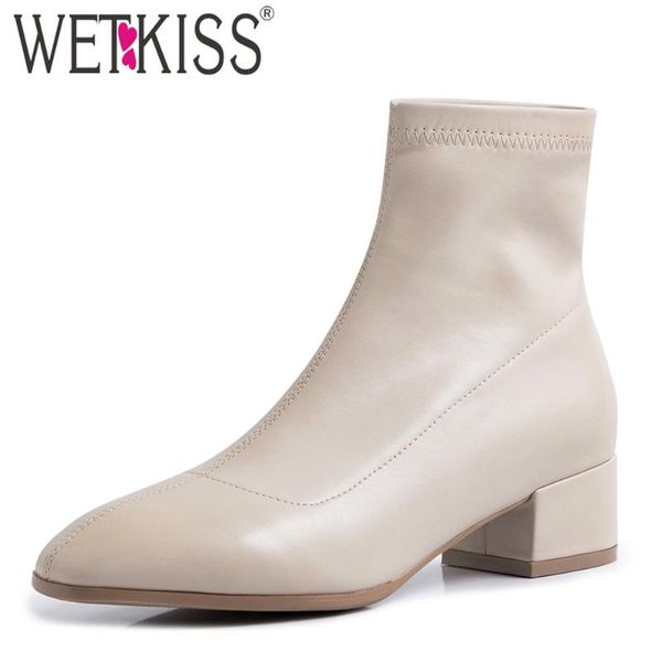 

wetkiss chunky heel ankle boots women slip on stretch booties square toe ladies shoes woman pu leather autumn boot big size 43, Black