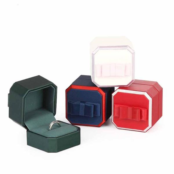

new 1 pcs ring box bule color 6x6x5.6cm octagonal bow pu leather box jewelry packing proposal ring gift