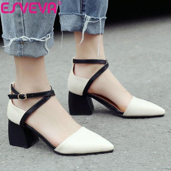 

dress shoes esveva 2021 women pumps pointed toe patchwork sandals square high heels two-piece spring shallow buckle 34-43, Black