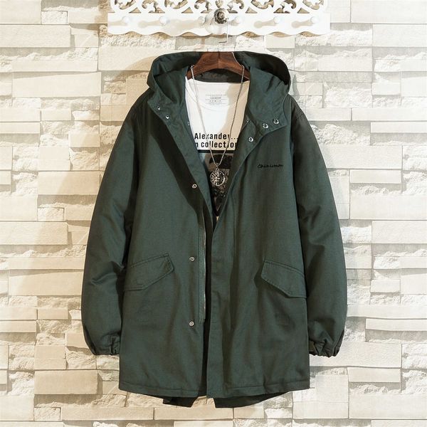 

winter thi cotton padded medium length windbreaker jaet large hooded men's loose top, Tan;black