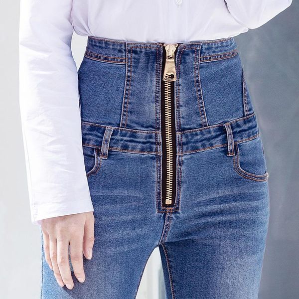 

women's jeans 2021 women with high waist elastic skinny trousers blue slim zipper denim long pencil pants plus size femme fat 6xl