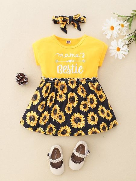 

baby slogan & sunflower print frilled dress & headband she, Red;yellow