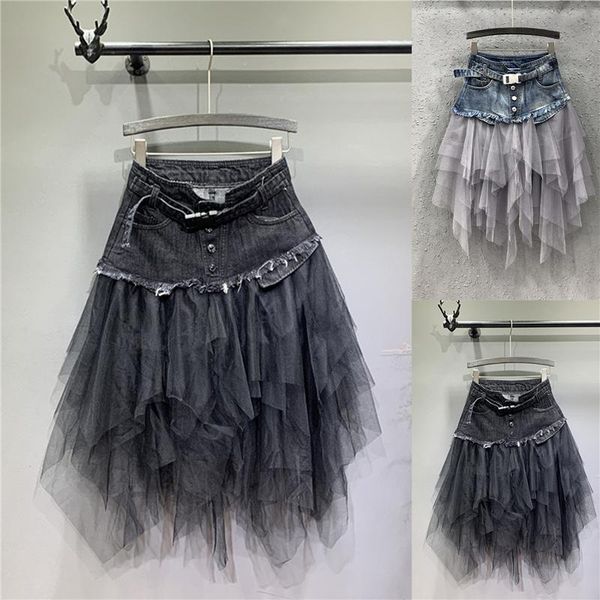 

summer irregular jeans skirts womens high waist tulle skirt long denim pleated midi skirts mesh patchwork pockets tassel belt, Black