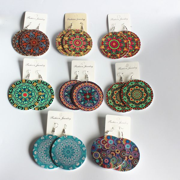 

s1834 bohemian fashion jewelry wooden earrings geometric round flower printed wooden earrings, Silver