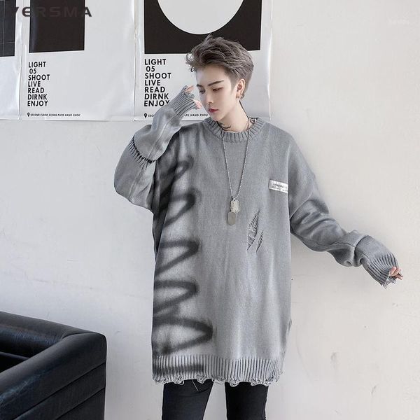

men's sweaters versma korean ulzzang graffiti print ripped hole sweater men hip hop streetwear oversized knitted tie dye vintage male1, White;black