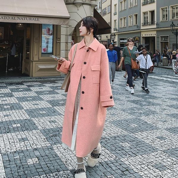 

fall / winter 2020 new small woolen coat korean version loose style young pink medium long coat woman1, Black