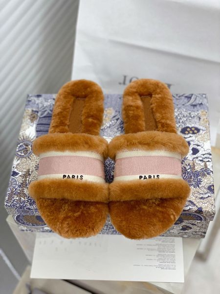 

2022 new luxury designer embroidery letter wool slipper classic women's warm casual sandals with box, Black