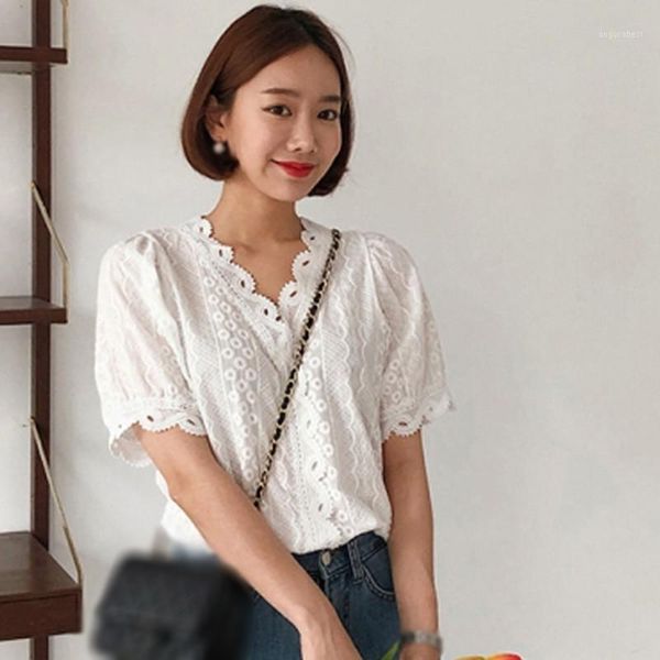 

casual short sleeve hollow out blouse women v-neck blouse summer slim white shirts1