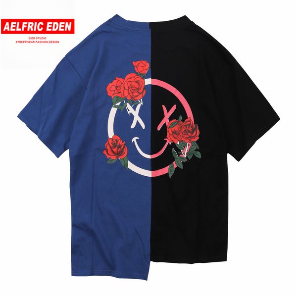 

aelfric eden streetwear t-shirt men flower printed t shirts hit color patchwork summer short sleeve lover hip hop tshirts 201013, White;black