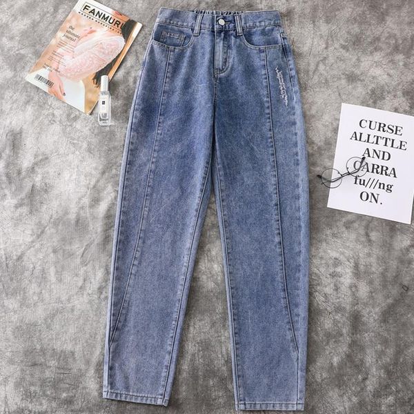 

autumn plus size straight patchwork women's jeans trousers high waist half elastic waist loose cusaul harem pants denim mujer5xl, Blue