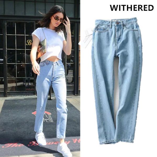 

laides denim straight pants women fashion high rise retro jeans pants1, Blue