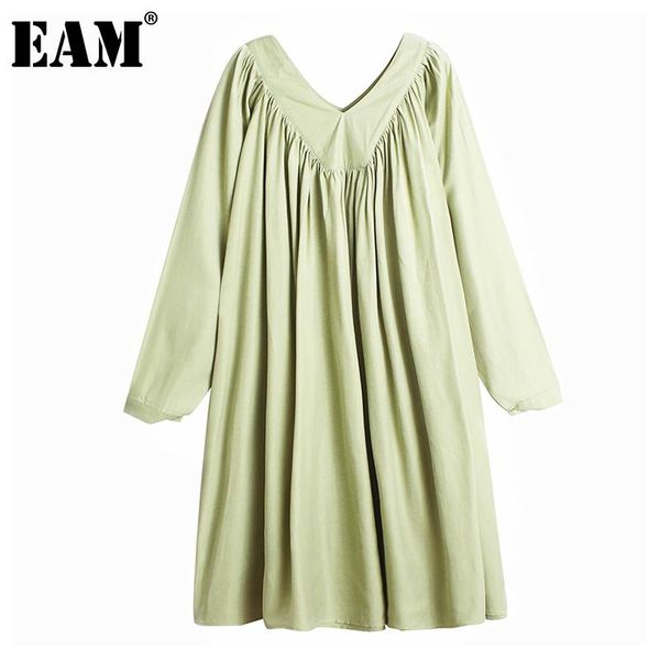 

[eam] women green pleated split joint big size dress new v-neck long sleeve loose fit fashion tide spring autumn 2020 1da139, Black;gray