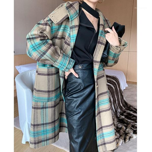 

vintage 100% wool coat female elegant ladies plaid long woolen jacket women korean fashion blend manteau femme hiver 2020 90231, Black