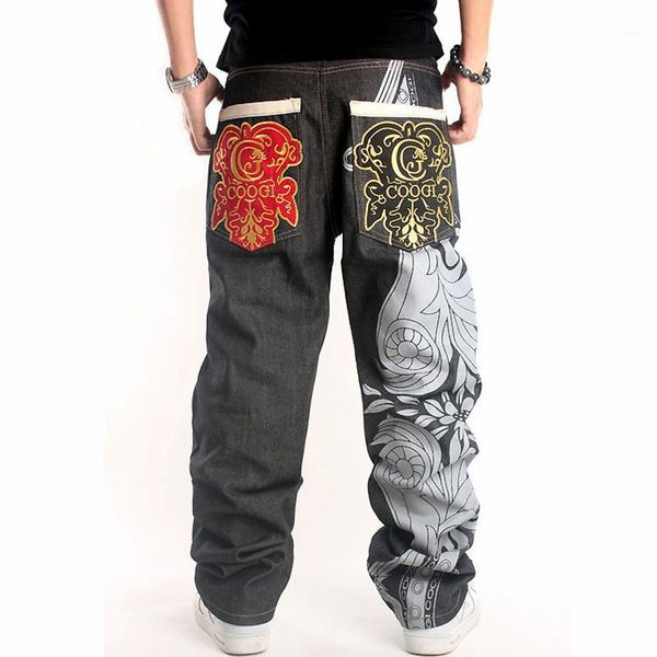 

pants men hip-hop jeans 5xl chinos men with pockets graffiti print embroidered punk straight baggy pants1, Black