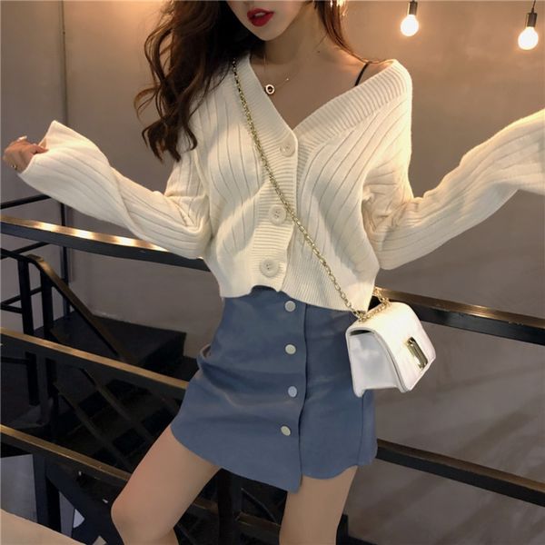 

knitwear cardigan women's 2020 autumn women's loose short lazy knitted shirt coat style sweater trumpet sleeve outer coat kccbw, White;black