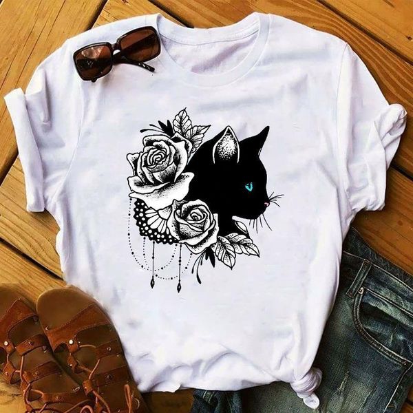 

cute t shirt women cat flower print tshirt funny dog design lovely girl t-shirt summer ladies casual cotton tee shirt, White
