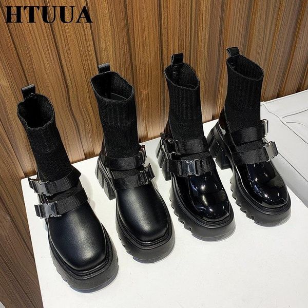 

htuua 2020 новых женщин платформа ботинки 2020 мода короткие ботильоны для женщин коренастый клинья обувь женщина высокие каблуки sx4373, Black
