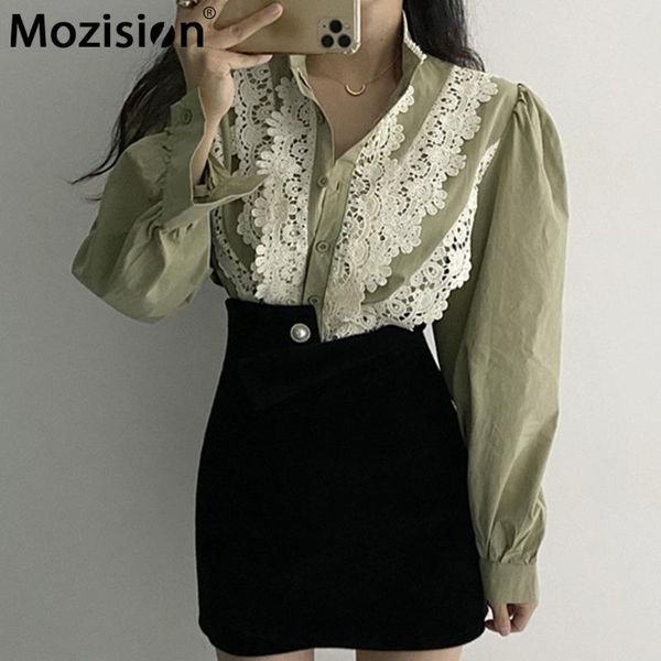 

mozision lace lantern sleeve short women's shirts stand collar single breasted loose blouse ladies court style blouse, White