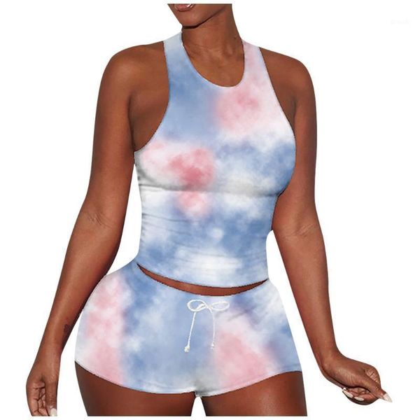 

yoga outfits sagace sports suit women tie-dye vest elastic shorts casual sportswear female gym tracksuits set plus size1, White;red