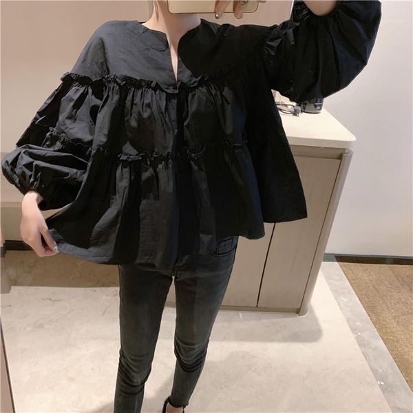 

women black fairy blouse 2020 autumn fashion folds big puff sleeve baby shirts v neck sweet girl a line crop loose shirt1, White