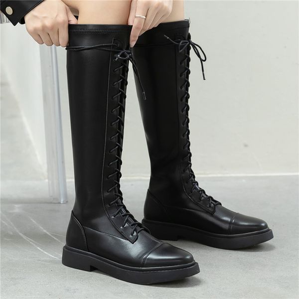 

cross tied women long boots genuine leather patchwork platform shoes lace up zipper platform boots casual knee botas mujer 2020, Black