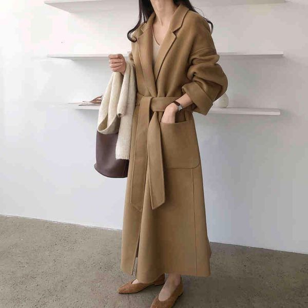 

women's suits & blazers 2022 autumn woolen coat turn down collar open stitch design loose style long with belt casaco feminino 8ie, White;black