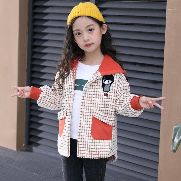

jackets 2021 winter girls cotton long kid's outerwear clothes toddler children casual turn-down collar plaid woolen coat1, Blue;gray
