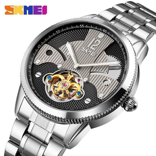 

designer skmei 9205 casual fashion mechanical watch men's watch tourbillon automatic retro all-steel 3bar waterproof and shockproof clo, Slivery;brown