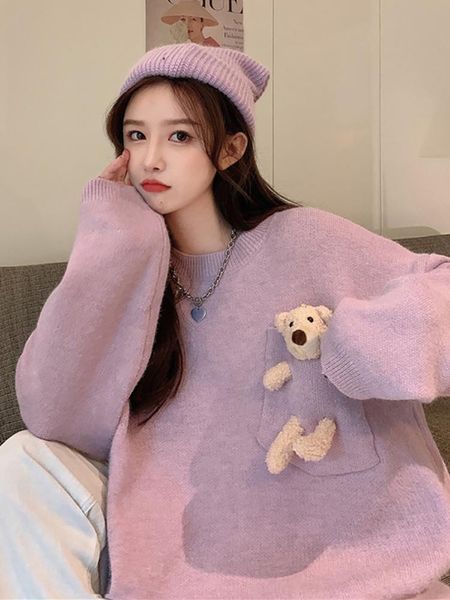 

women's sweaters japanese autumn winter pullover sweater women korean loose sweet cute small fresh bear doll pocket jumper girl studen, White;black