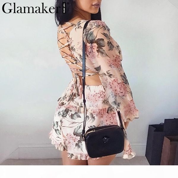 

glamaker backless chiffon v neck short jumpsuit women lace up ruffles beach playsuit female elegant summer party romper overalls y190502, Black;white