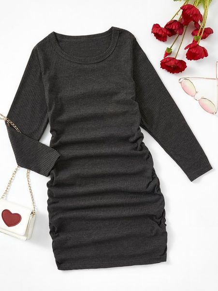 

girls ribbed knit ruched fitted dress she, Red;yellow