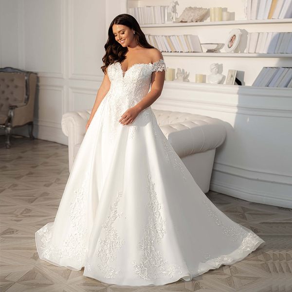 

new 2021 plus size wedding bridal elegant off the shoulder lace applique ball gown bride es robe de mariee c75e, White