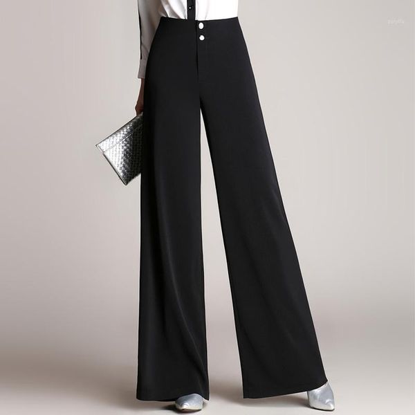 

wide leg women 2020 spring office workwear full length solid high waist lady pants loose woman casual flare trousers1, Black;white