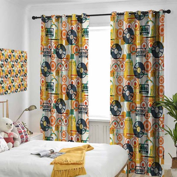 

thermal insulated room darkening window shade pattern with musical instruments in flat design style cassette radio vinyl nostalgic curtain