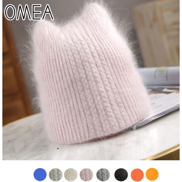 

om ангора кролик меховые женские шапки с fil-lumiere winter hat cat ears вязаная шапочка fox уши двухслойных шапочки мода cute y201024, Blue;gray