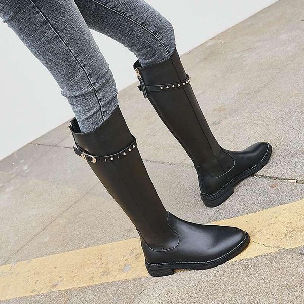 

boots botas mujer winter shoes women's riding cow leather diamond rivets keep warm knight women knee-high, Black