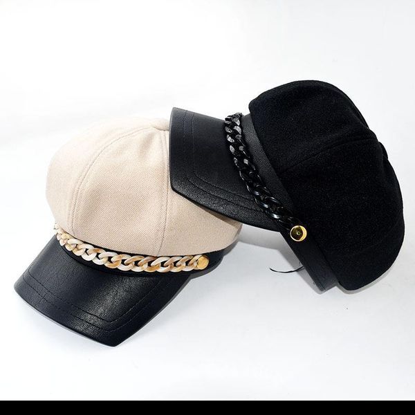 

woman girl acrylic chain octagonal cap square brim pu brim cap patchwork fashion artist painter hat japan korean style hat1, Blue;gray